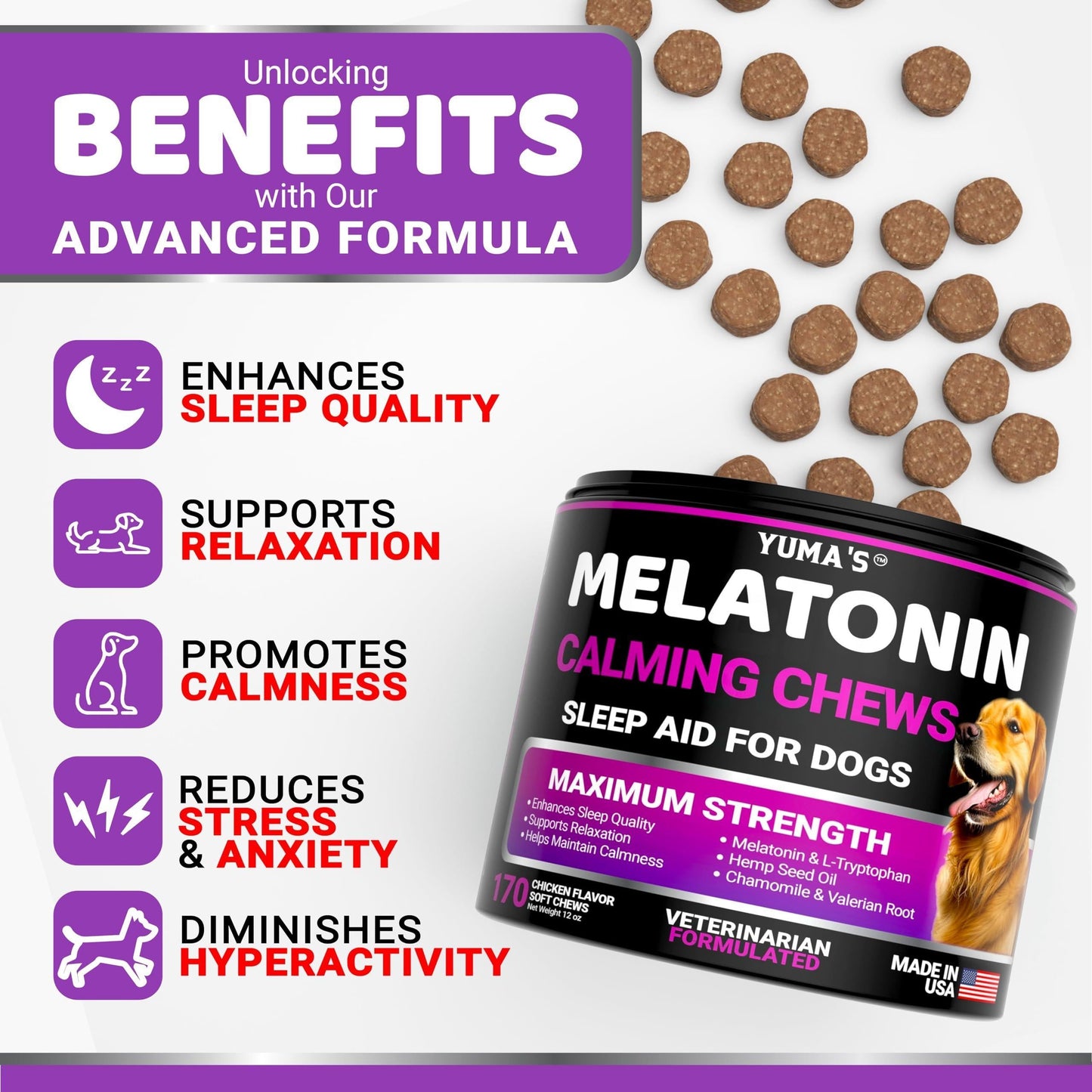 Gâteries Calmantes à la Mélatonine pour Chien - Anti-Stress, 170 Morçeaux