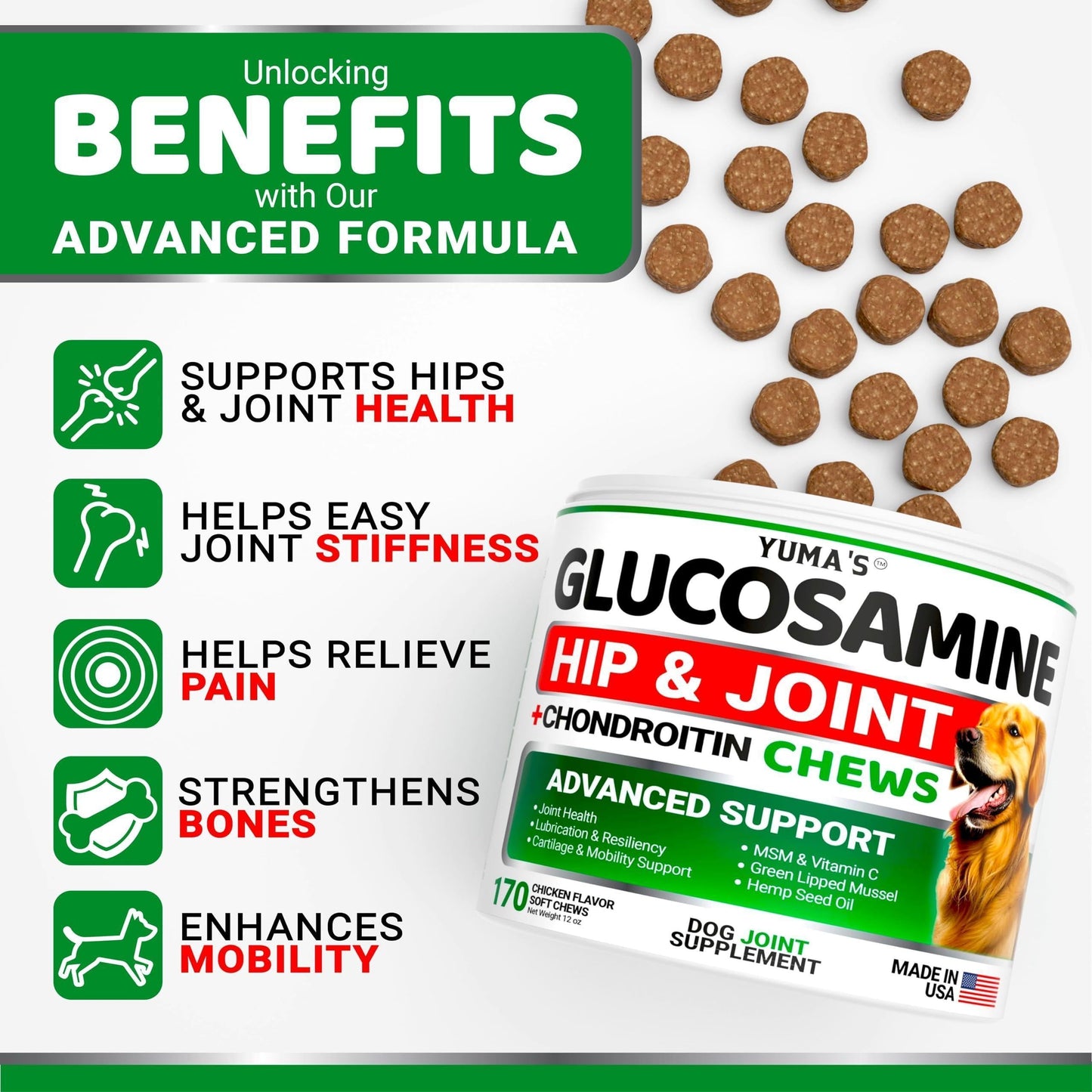 Glucosamine pour Chien - Hanches et Articulations, 170 Morçeaux