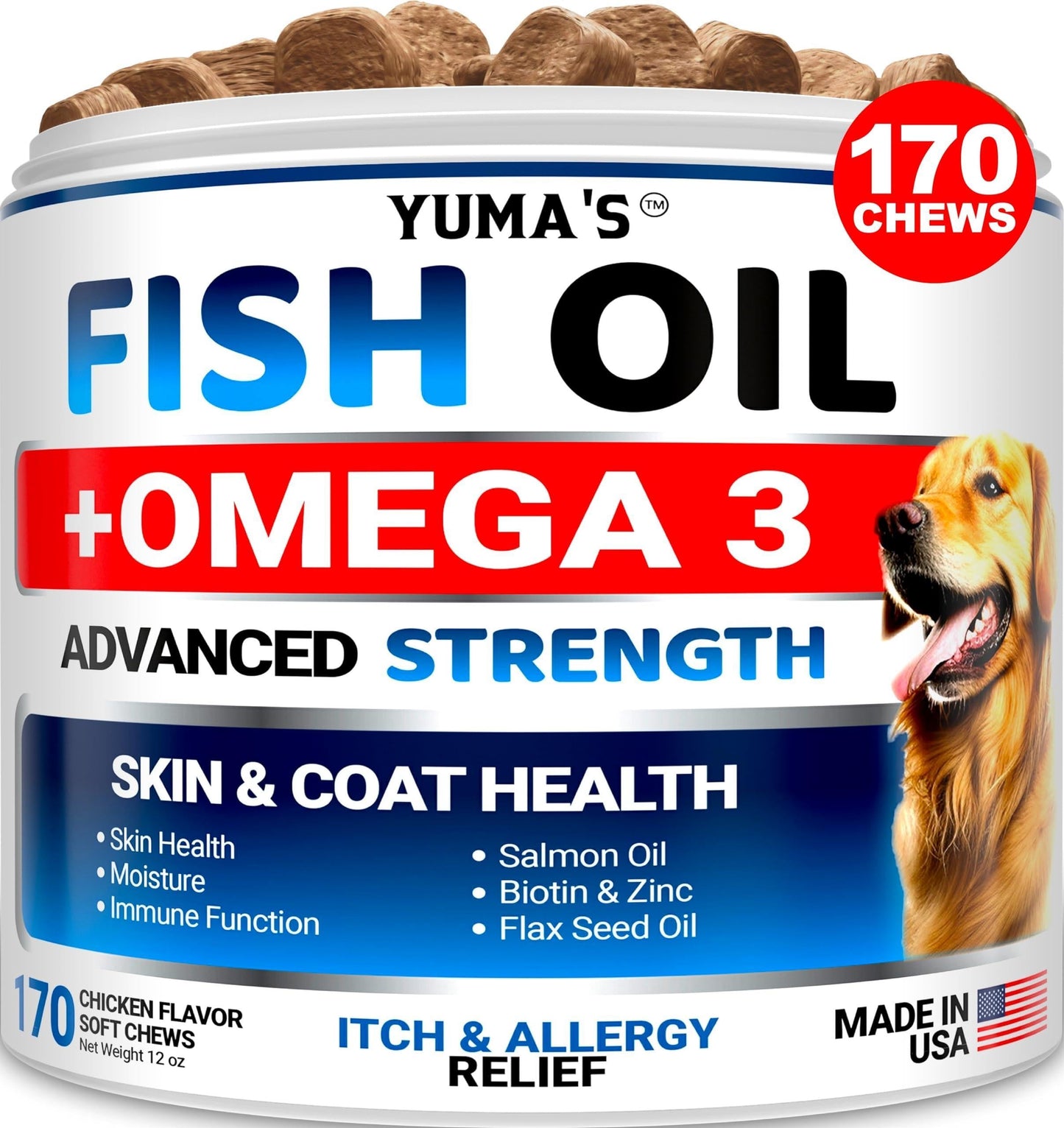 Huile de Poisson Oméga 3 pour Chien - Peau et Pelage, 170 Morçeaux